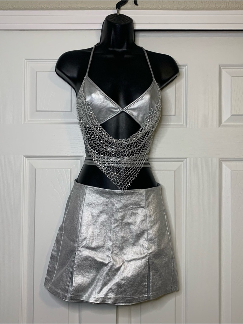 Silver Metallic Chainlink Bikini Top & Skort Set